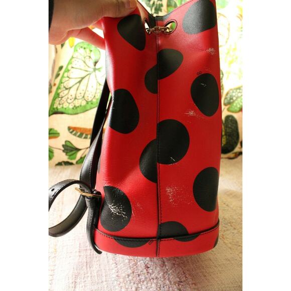 Charlotte Olympia Red Black Polka Dot Kitty Cat Chain Leather Backpack - Picture 7 of 12